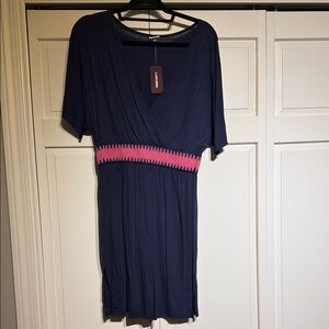Lacausa Navy Midi Dress with Pink Waist Detail
